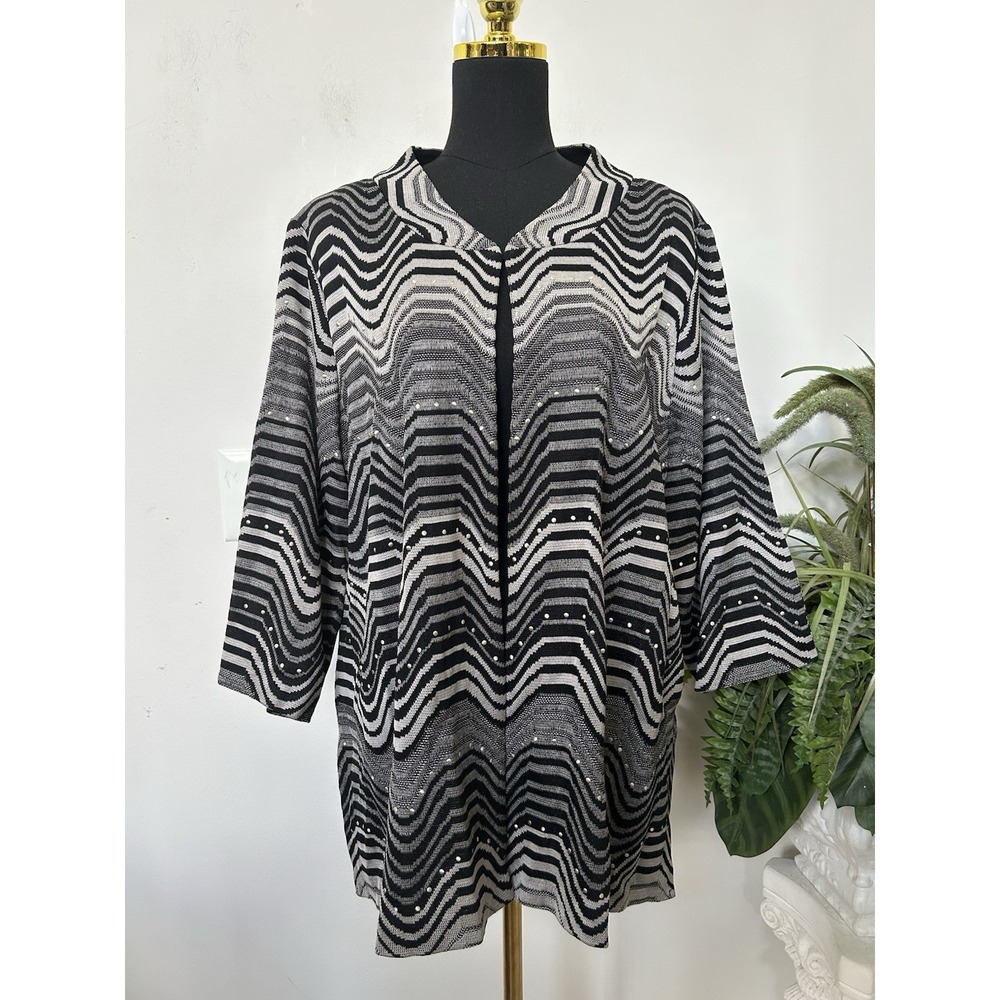 Ming Wang Studded GrayBlack Chevron Knit 3/4 Sleeve Cardigan Jacket 2X EUC! $298